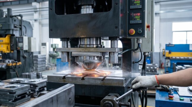 Nowoczesna prasa hydrauliczna w akcji podczas formowania elementów metalowych, pokazująca precyzję i kontrolę procesu