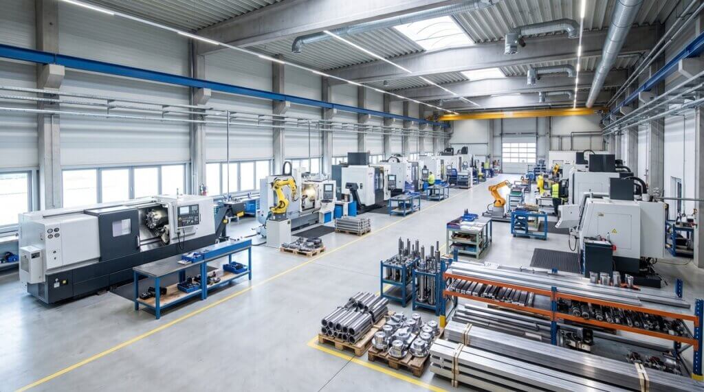 Nowoczesna hala produkcyjna z maszynami przemysłowymi do obróbki metalu, pokazująca efektywną organizację przestrzeni roboczej