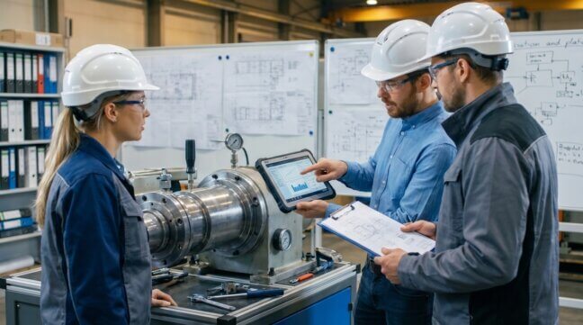 Specjaliści analizujący parametry techniczne maszyny przemysłowej, z dokumentacją techniczną w tle